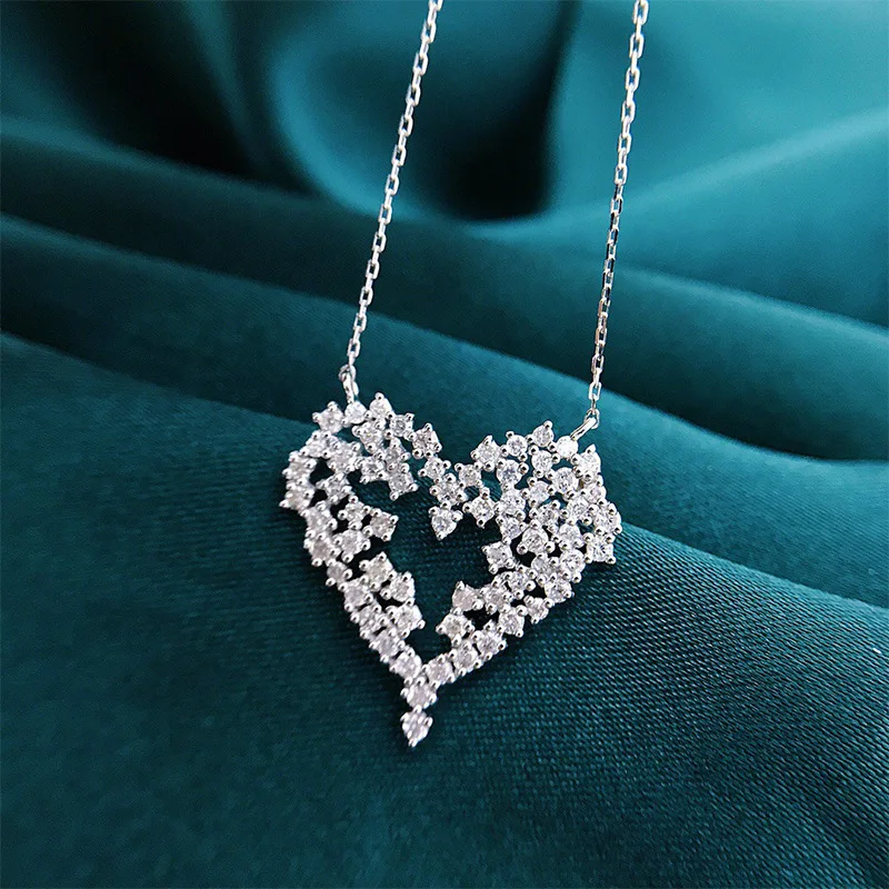 S925 Sterling Silver Necklace Full Diamond Love Shape Necklace Luxury Micro-set Zircon High Carbon Diamond Pendant