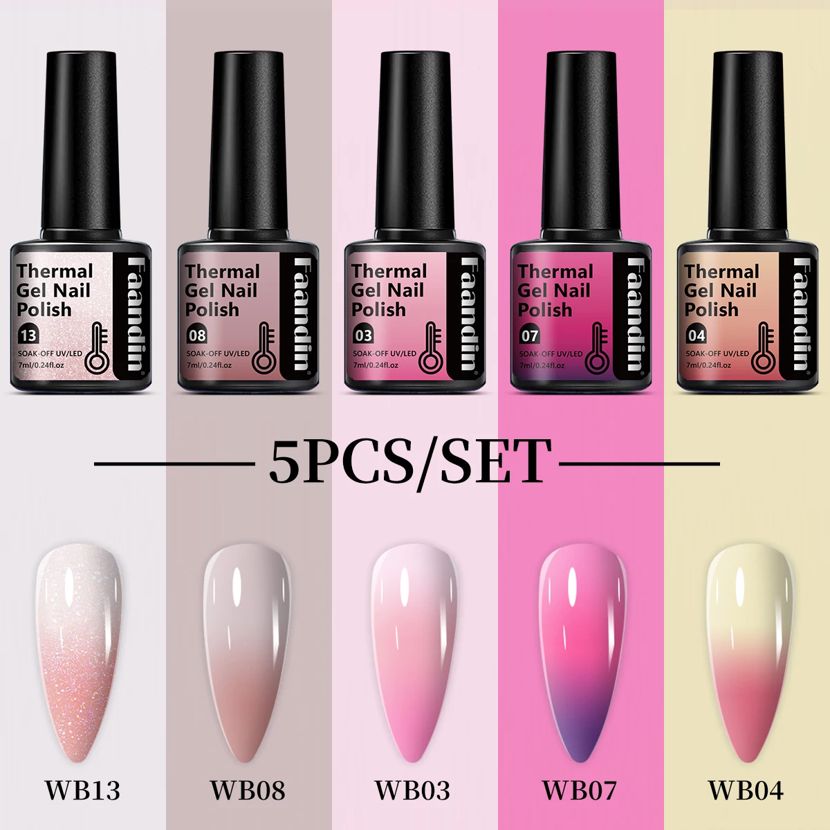 Faandin 5 قطع/مجموعة 7 مل * 5 قطع، تأثير الطلاء السميك أفضل عند تغيير درجة الحرارة، عصرية وملونة، مجموعة طلاء أظافر جل متغيرة درجة الحرارة، هدية مثالية، جل طلاء الأظافر، سهل الإزالة، شراء بالجملة لصالونات الأظافر، جل طلاء الأظافر #6