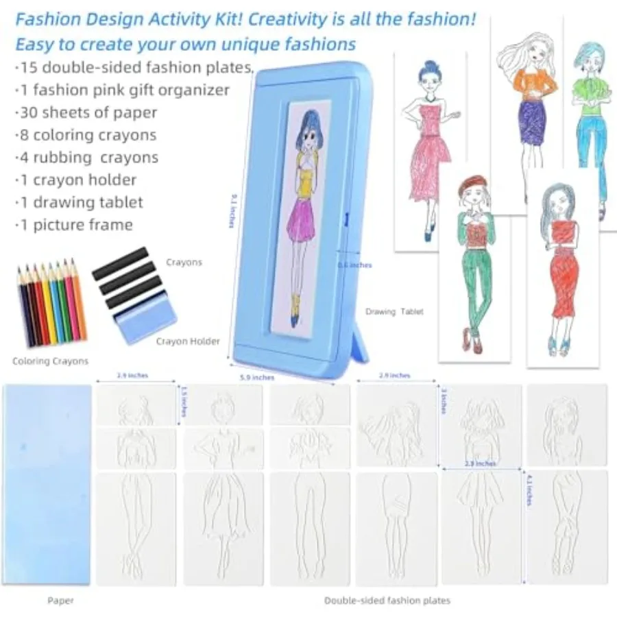 Kit de dibujo de diseño de moda con 15 platos para frotar de doble cara, juego de arte con textura, incluye crayones, lápices de colores, marco de papel Cr