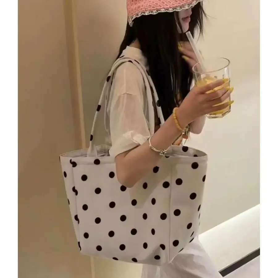 White Polka Dot Ladies Tote Bag Lazy Style Early Morning Commute Large Capacity Tote Bag Fashionable Match Single Shoulder Bag