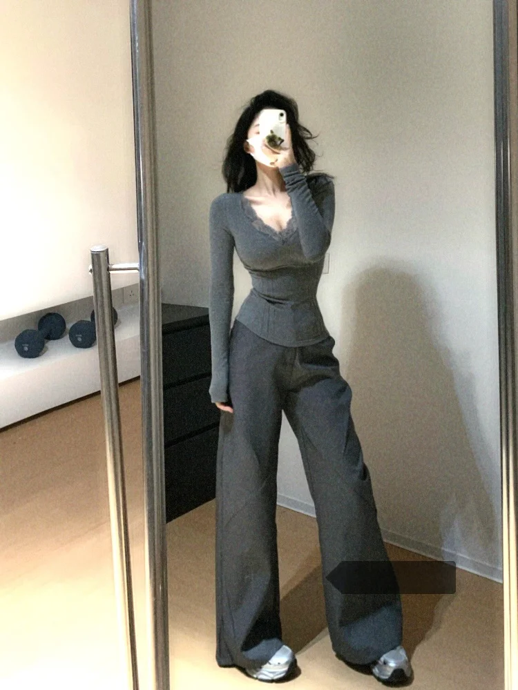 

Элегантная кружевная базовая футболка-топ для женщин, облегающая, с длинным рукавом, V-образным вырезом, для осени и зимы, высококачественное нижнее белье