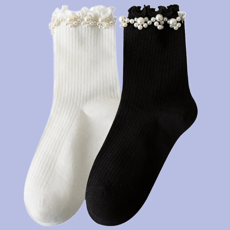 Chaussettes en dentelle respirante absorbant la sueur pour femmes, chaussettes fines avec perles, champignon, printemps et automne, été 5/10, nouveau, 2024 paires