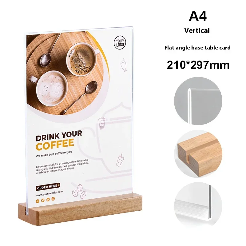 Acrylic Decca Transparent Display A4 Solid Wood Base Vertical Table Advertising Price Table Beech Table Sign Photo Card Holder