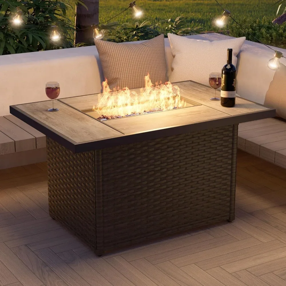 

Outdoor propane fire pit table, 43 inches, tiled top 50,000 BTU, resin wicker rectangle, easy to adjust flame height