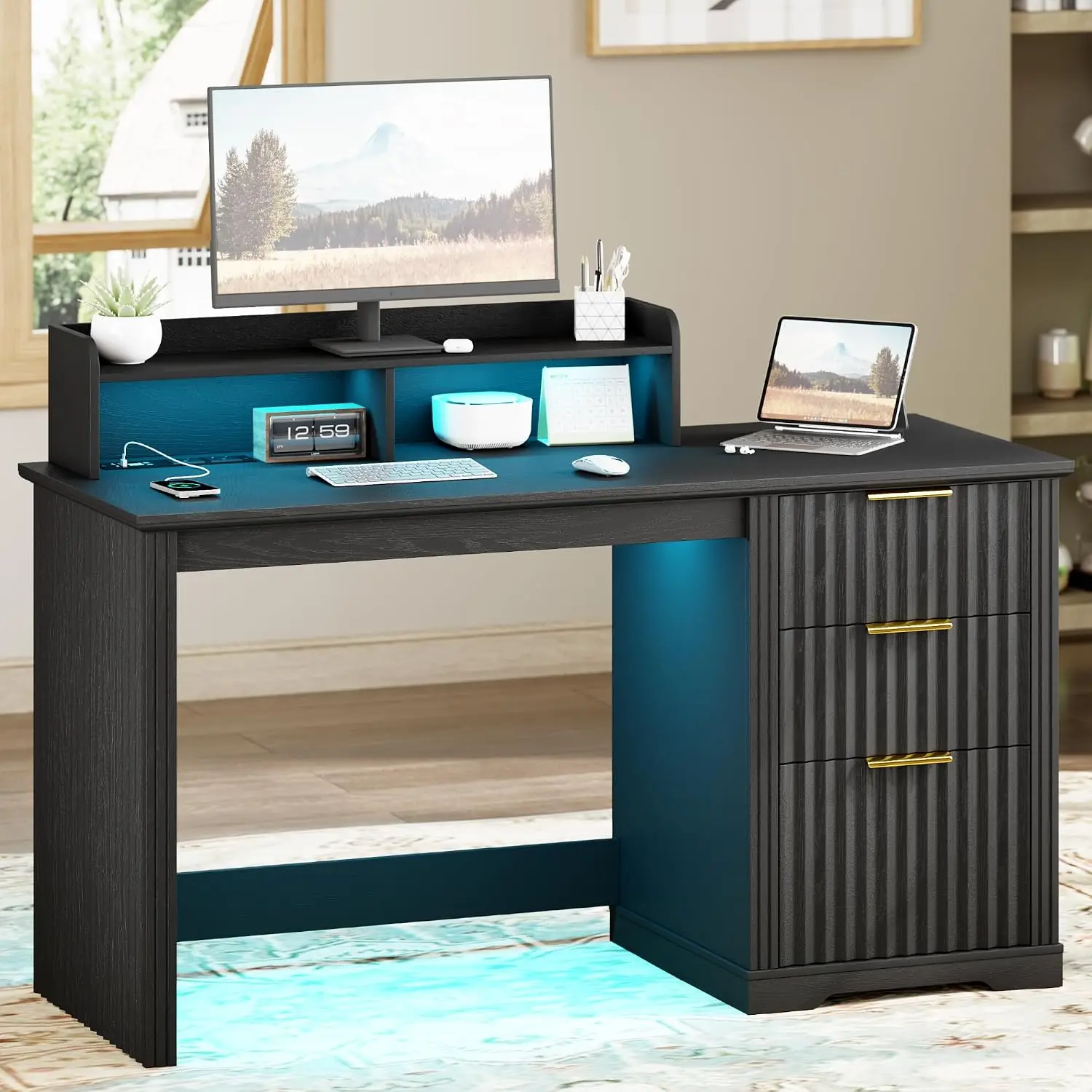 47 Inch Computer Desk With Monitor Stand & RGB LED Lights, Customized