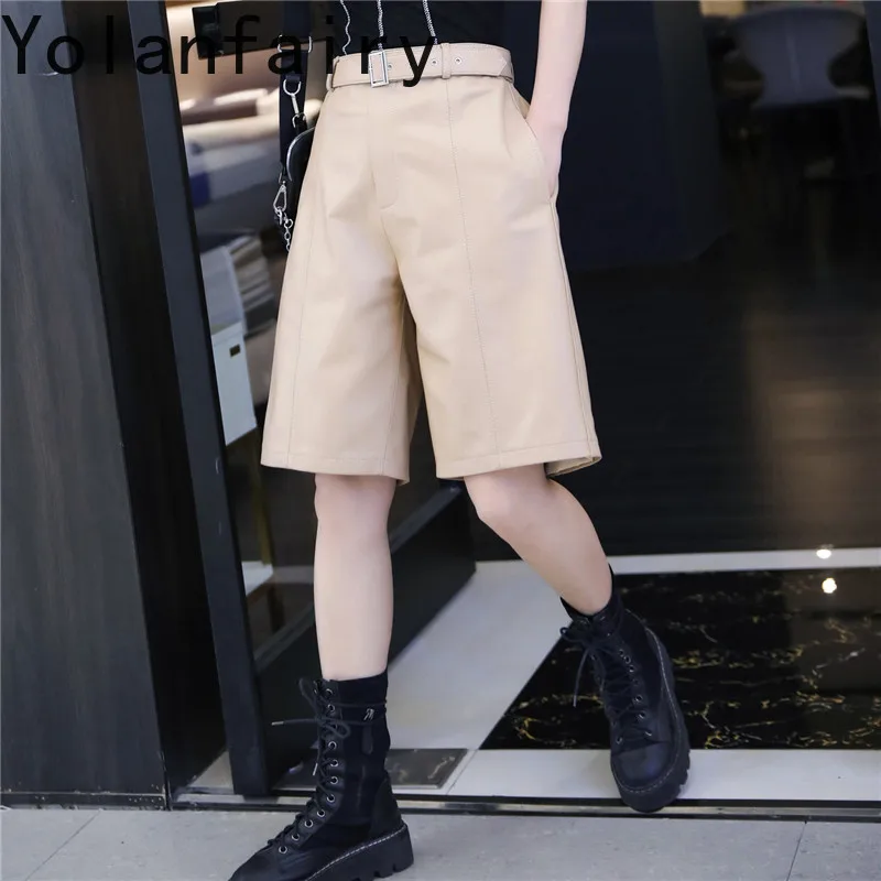 YOLANFAIRY Women Genuine Sheepskin Leather Five Point Pants Autumn Red High Waist Wide Leg Capri Trousers Versatile Boot Pants
