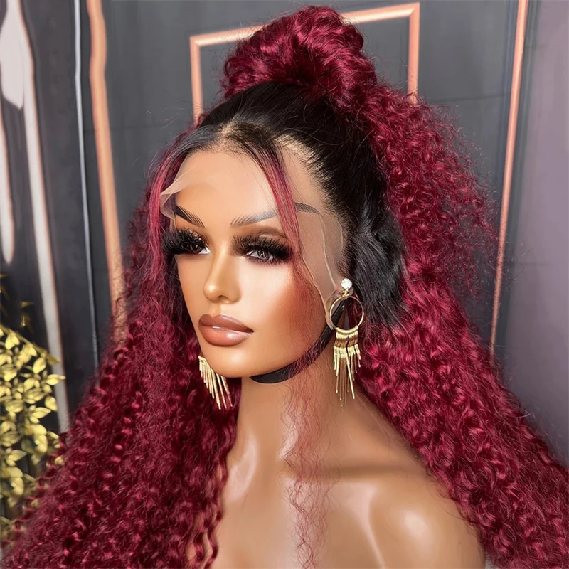 

26 Inch Long 180Density Glueless Ombre Burgundy Kinky Curly Lace Front Wig For Women BabyHair Preplucked Heat Resistant Daily