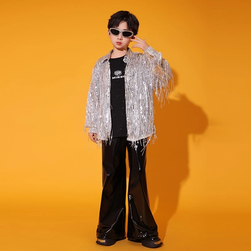 Zilver Jazz Dans Pak Voor Kinderen Prestaties Slijtage Kpop Toneelkostuum Kwastje Shirt Pailletten Shorts Meisje Straat Dansen Show 3395
