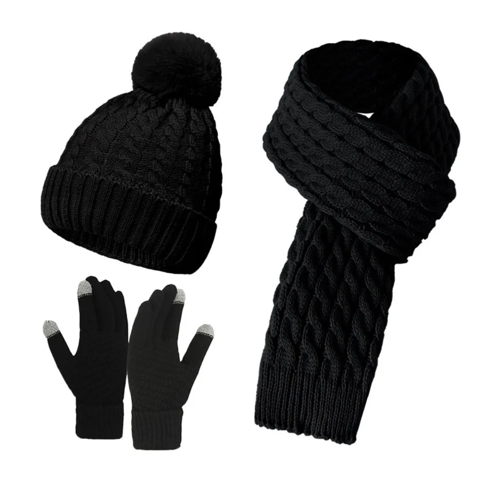 3Pcs/Set Warm Winter Hat Scarf Gloves Set Thicken Soft Scarf Neck Warmer Suit Elastic Windproof Touchscreen Gloves for Men Women