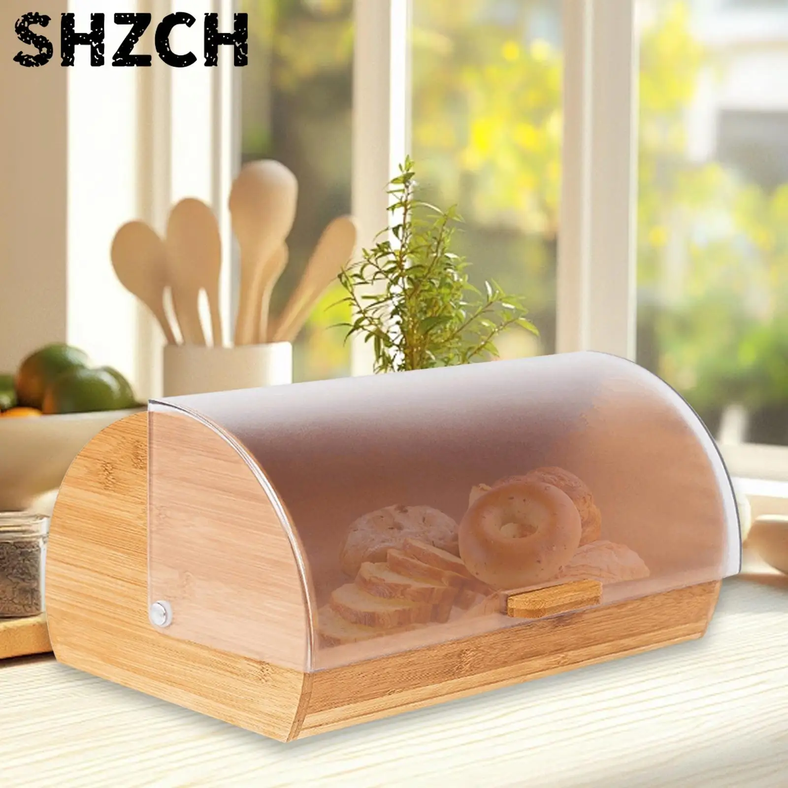 Caja de pan de bambú con tapa, almacenamiento versátil, para pan tostadas, donuts, bageles y repostería, organizador de encimera