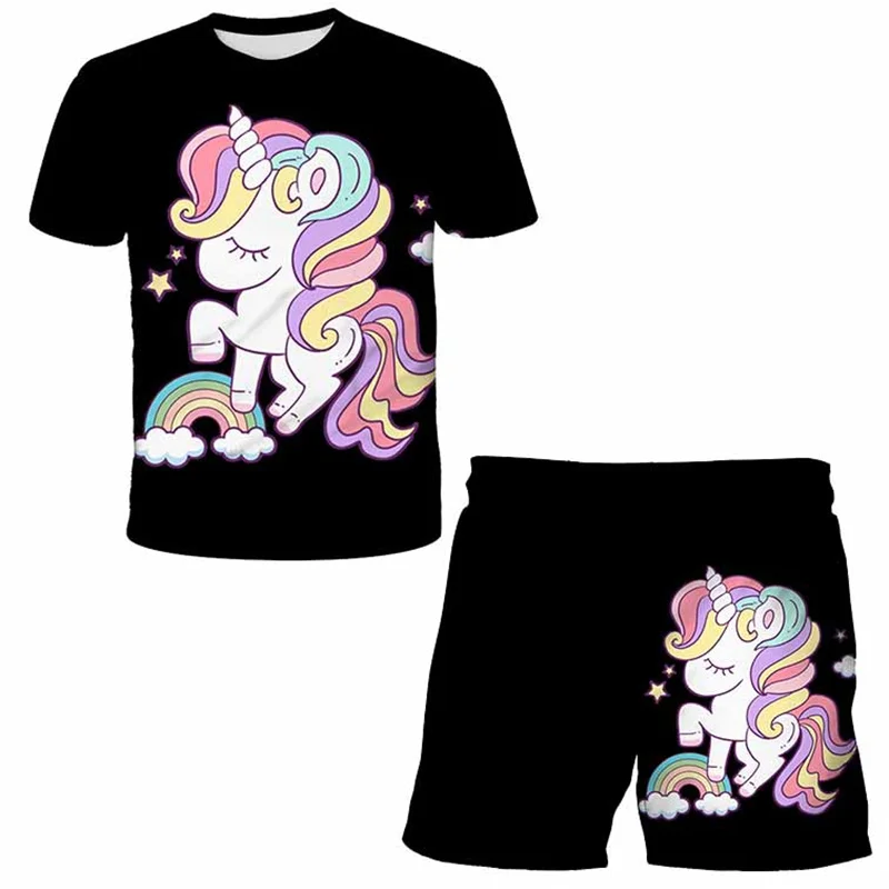 

Summer Girls Unicorn Clothes Suit Children Fashion Boys Girls Cartoon T-Shirt Shorts 2Pcs set Casual Clothing Kids Tracksuits