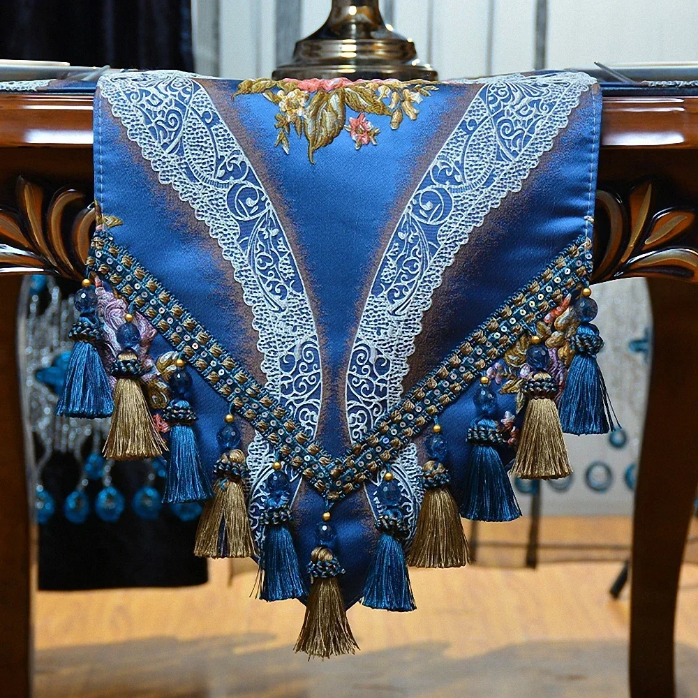 Navy Blue Luxury Jacquard Table Runner Upgraded Velvet Bottom Thickened Tablecloth High-end 3D Embroidery Table Flag Bed Flag