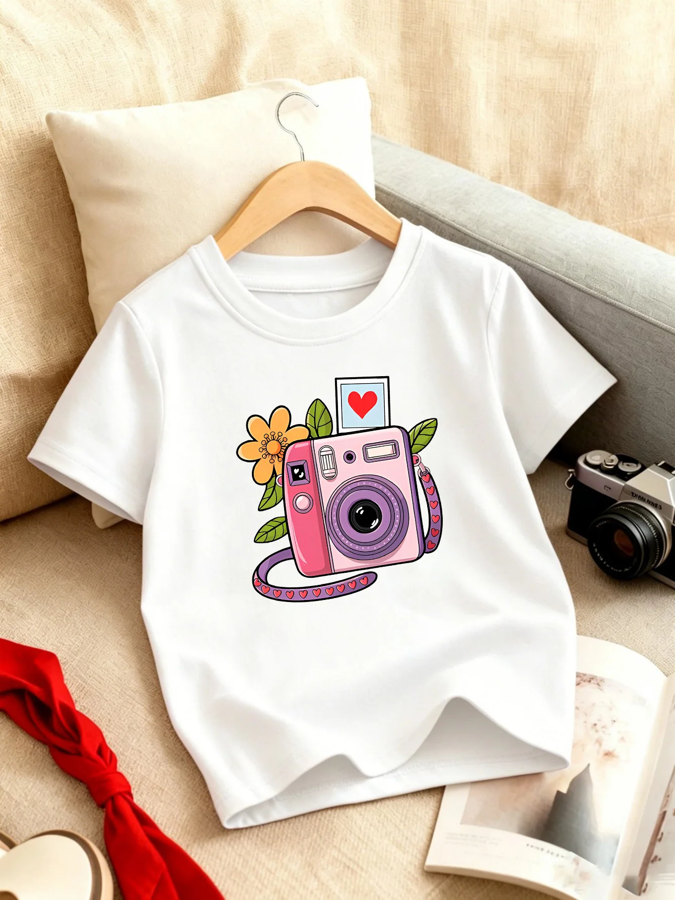 Cute Pink Instant Camera Flower Heart Kids T Shirt Boys Girls Short Sleeve Crew Neck Cotton Parent Matching Tops Toddler Youth
