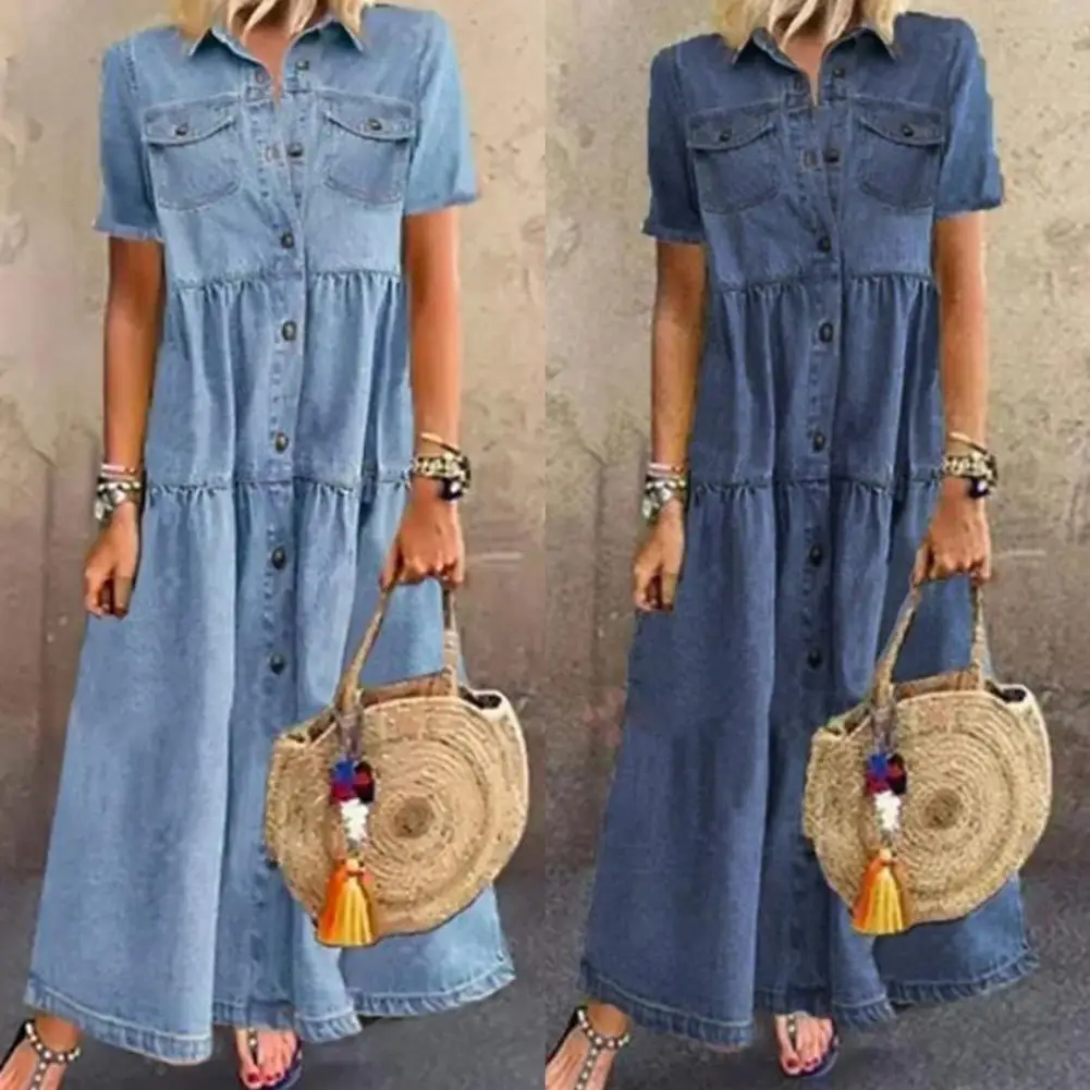 Blue Denim Vintage Dress Fashion Korea Autumn Elegante Solid Single Breasted Streetwear Loose Long Dress for Women 2023