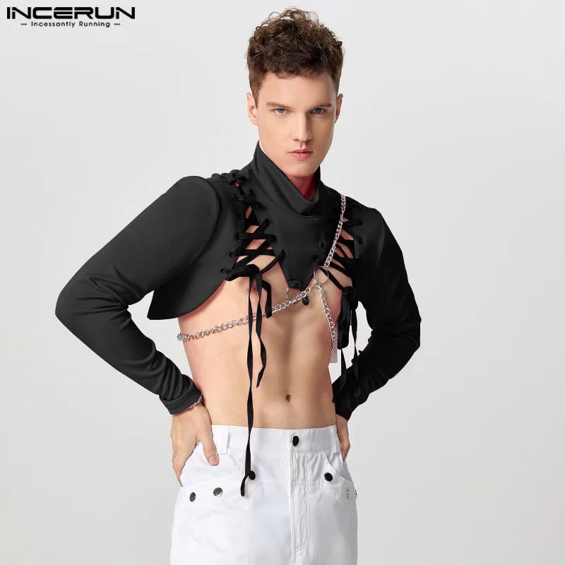 Sexy Stylish Style Tops INCERUN Men's Cropped Drawstring Strap T-shirt Casual Clubwear Male Half High Neck Long Sleeved Camiseta