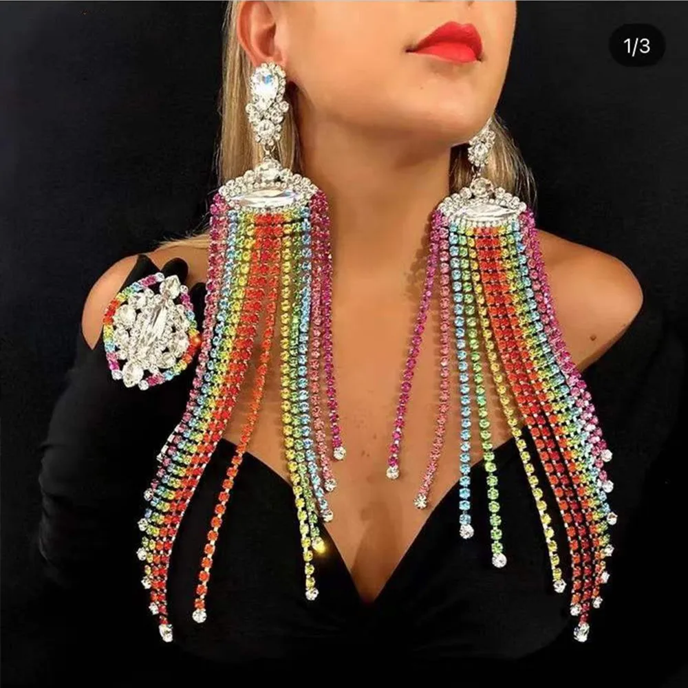 Exaggerated Super Long Tassel Rainbow Rhinestone Big Drop Earrings Jewelry for Women Crystal Chain Multicolor Dangle Earrings