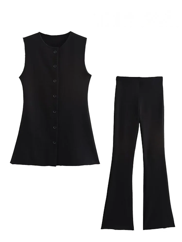 HH Pantaloni estivi da donna Abito O-Collo monopetto Decorazione senza maniche Gilet solido Top + Elegante gamba svasata elasticizzata Mujer