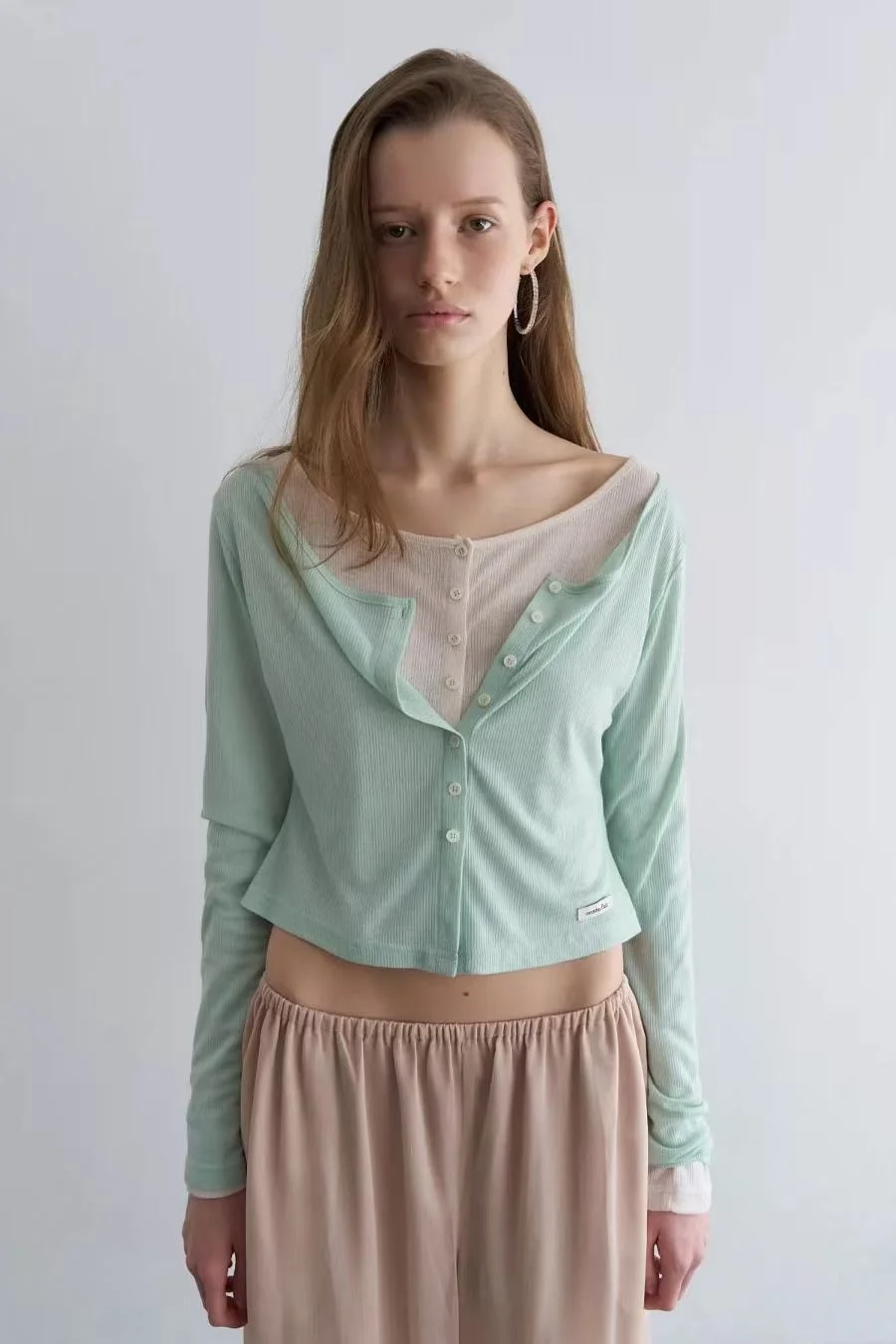 

Mint Green Long Sleeve Button up Thin Transparent Sun Protection Cardigan Outerwear Casual Loose Fit Polyester T-Shirt