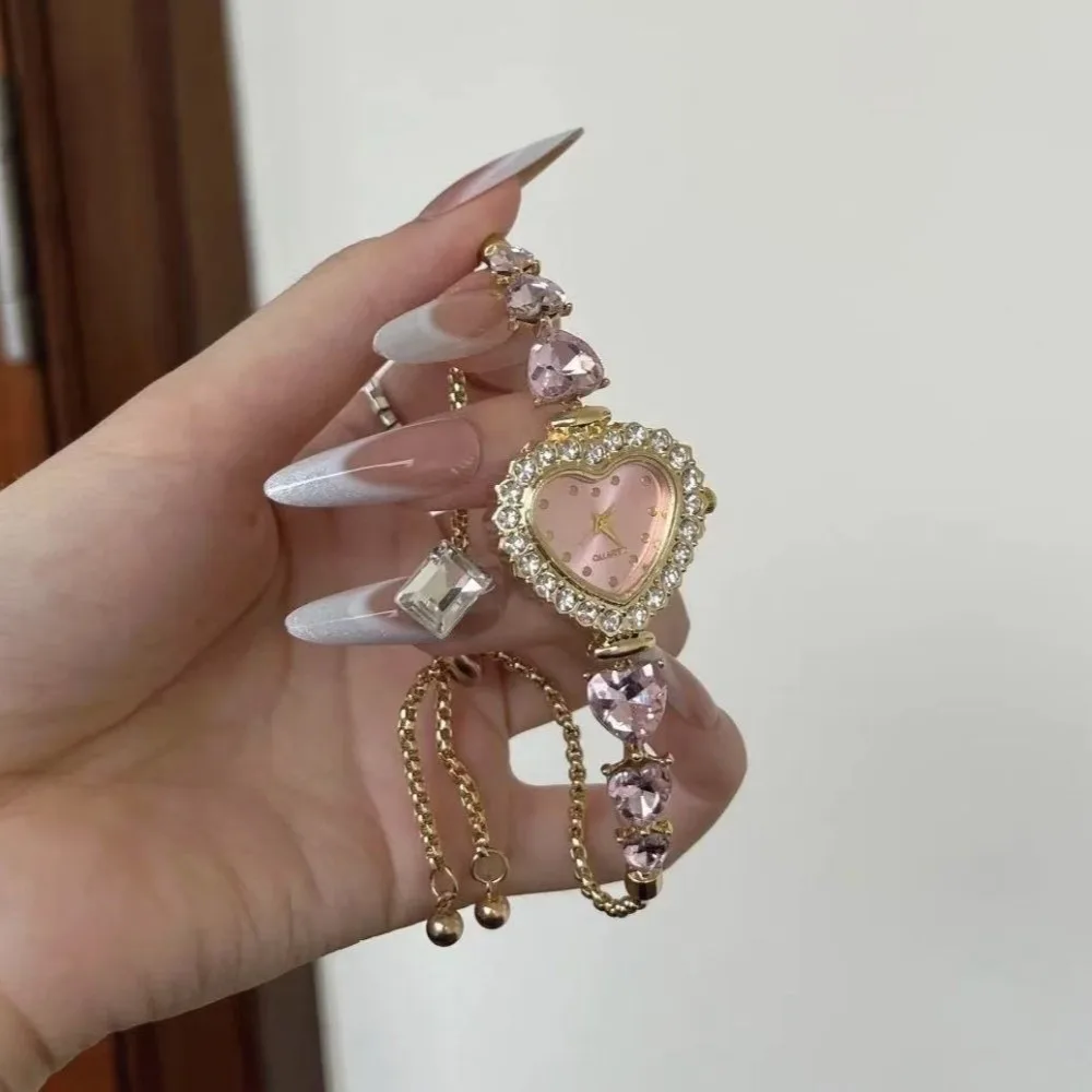 

Fashion Rhinestone Women Quartz Watch Heart-shaped Flowers Bracelet Watch Pink Pull-Open Ladies Wristwatches Gifts