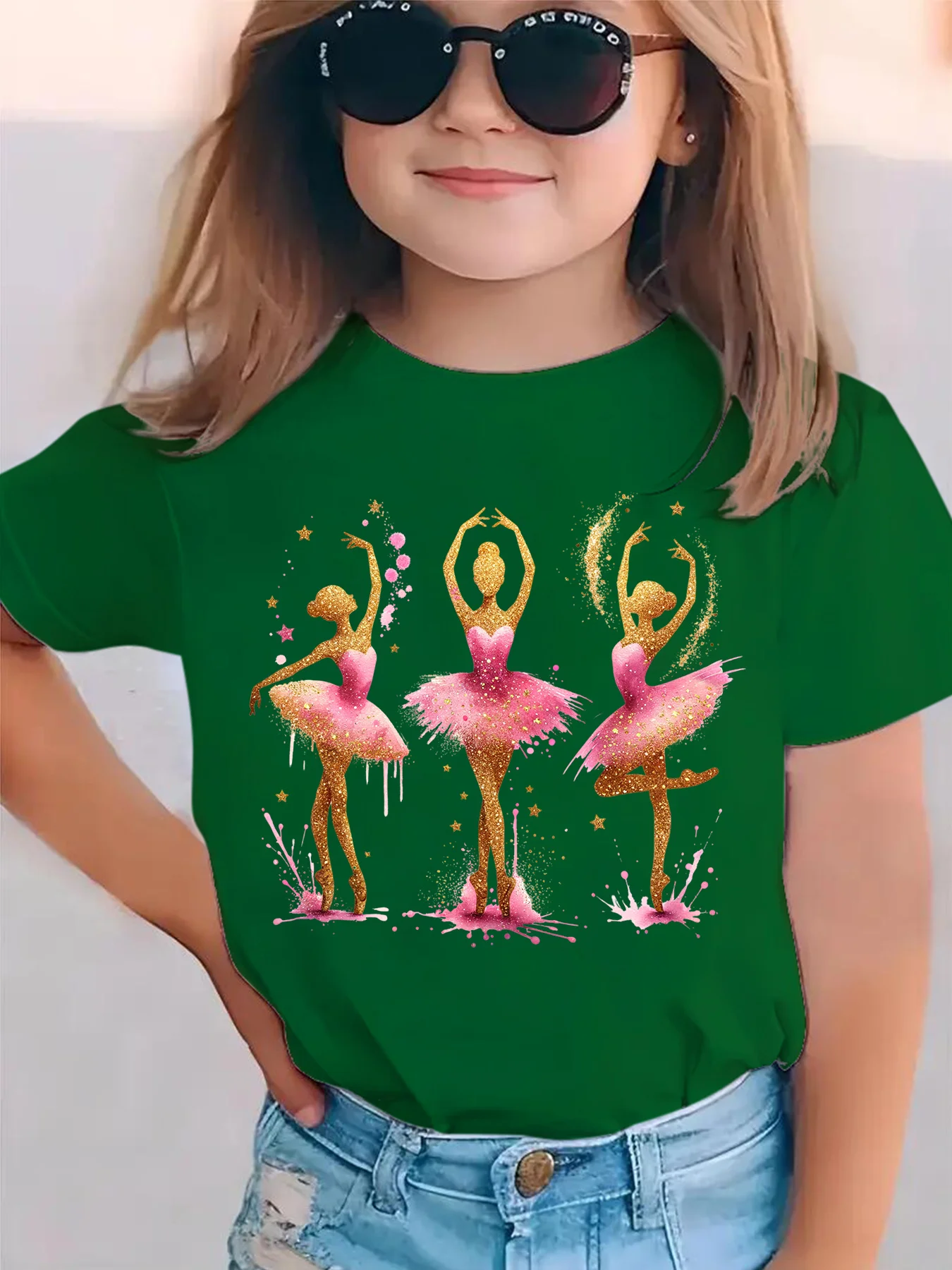 Summer Fashion Children's T-shirt with Three Ballet Actresses Cartoon Pattern Printed Round Neck Top Trendy Street Short Sleeve