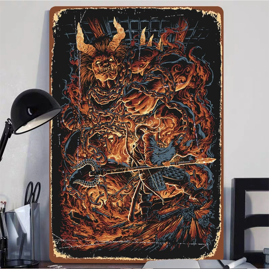 Japanese Ukiyo-e Style Demon Warrior Battle Metal Wall Art Vintage Game Decorative Mural Living Room Study Room Wall Art Hanging