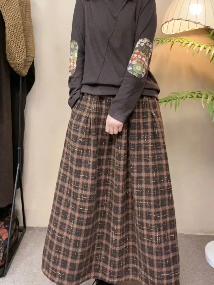 

Классическая клетчатая юбка-миди трапециевидной формы, женская шерстяная юбка свободного покроя, корейская весенняя женская юбка больших размеров