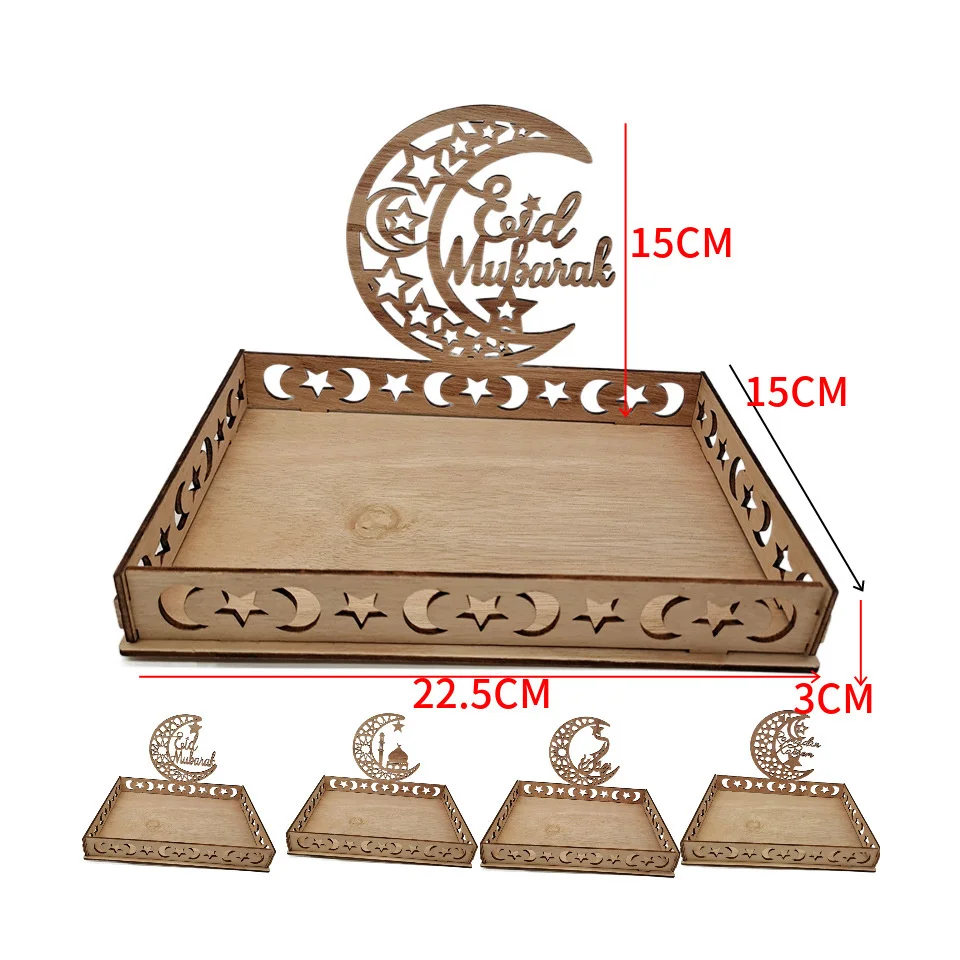 Bandeja de madera Eid Mubarak, soportes de comida de templo de Luna ahuecada para Ramadán Kareem, soporte de comida de fiesta islámica, decoraciones de mesa al-fitr