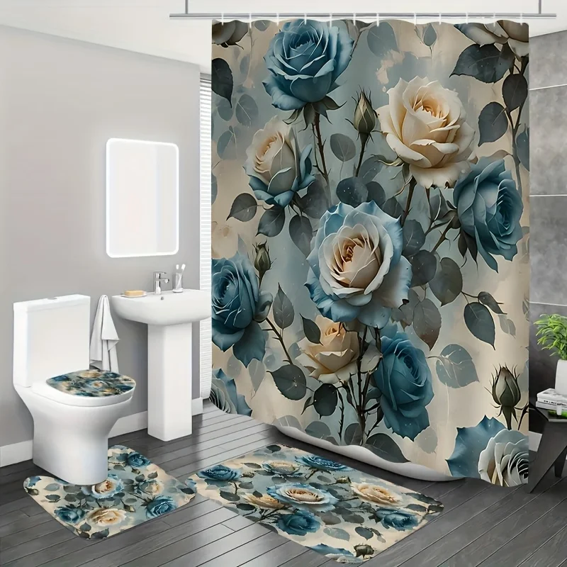 

4 шт., винтажный синий и белый узор розы, украшение для ванной комнаты, полиэфирная ткань, занавеска для душа, коврик для унитаза, нескользящий коврик, U-образный коврик