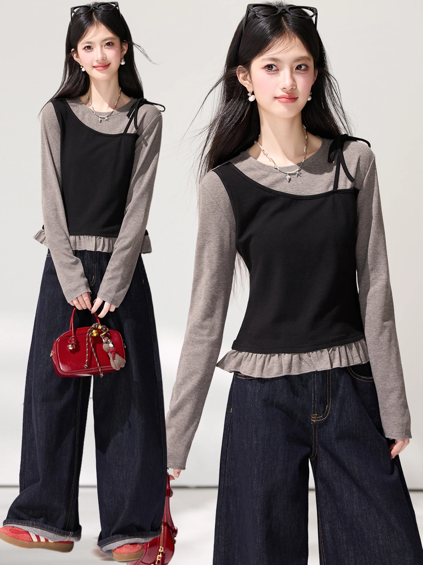 2026 Spring New Style Fake Two-Piece Stitched Long-Sleeve T-Shirt for Women, Good-Looking Commuting Top for Overlay