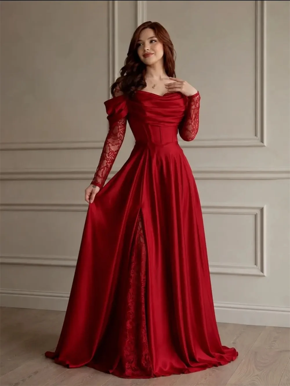 Amanda Customizd Off‑the‑shoulder Lace Long Sleeve Satin A‑line Evening dress Prom dress High Side Split Satin Dreamy Gala gowns