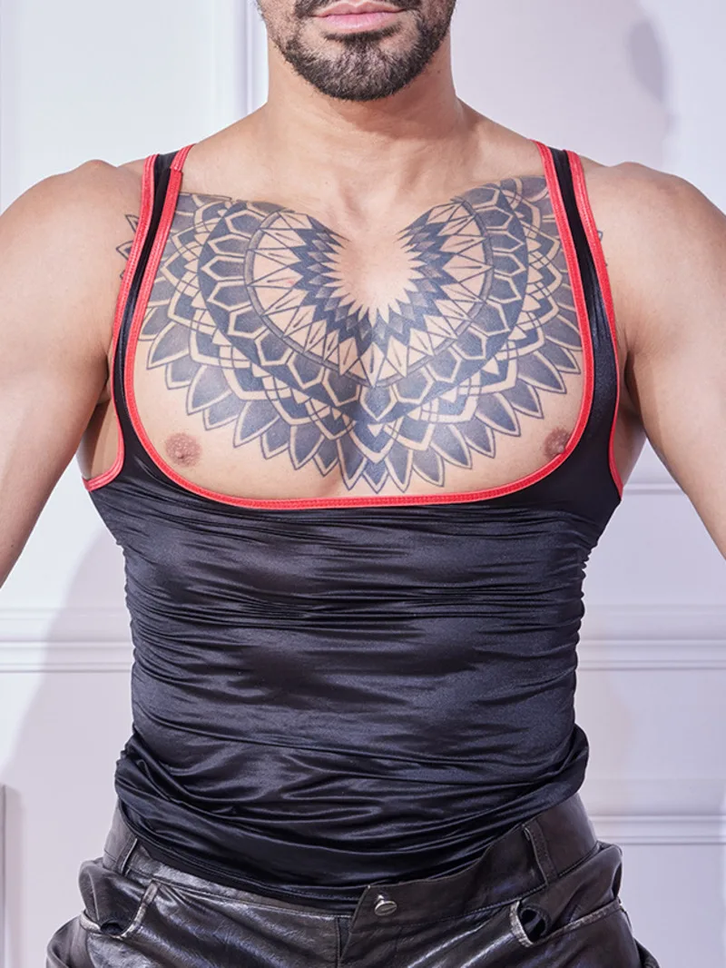 

New Silky Slim Fit Men's Top Nightclub Hot Muscle Men's Trendy Sexy Mesh Round Neck Sleeveless Half Transparent Vest Casual GLUK