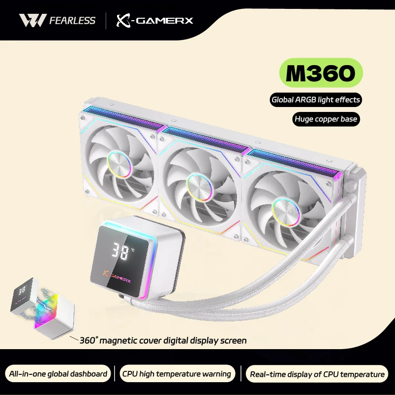 X-GAMERX PowerTrain M360 Water Cooler 360mm Global ARGB Light Effect 360° Magnetic Cover Digital Display Screen AIO CPU Cooler image 2