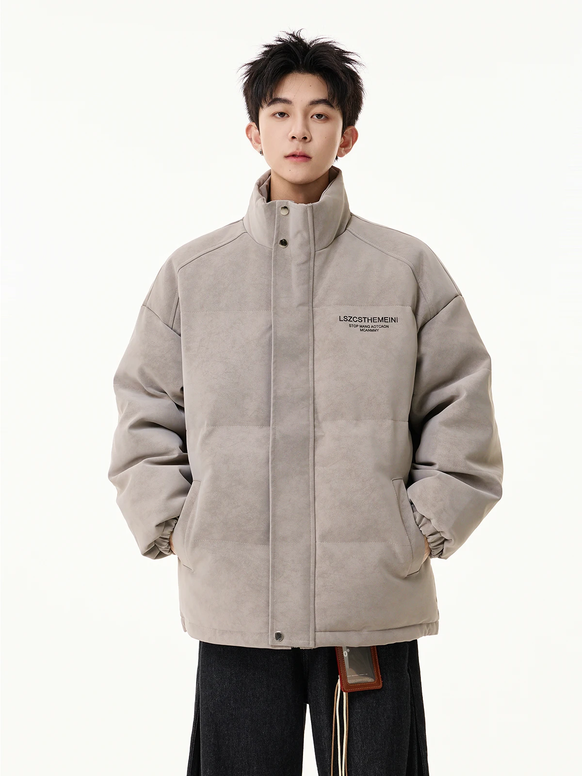 Jaket Pria Kulit PU Matte Katun Amerika, Model Trendy, Musim Gugur Musim Dingin, Baru, Longgar, Hangat, Kerah Tegak, Model Bread Coat