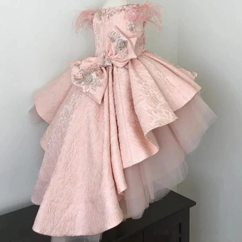 Robes de demoiselle d'honneur en tulle rose, appliques à motif de satin gonflé avec nœud, manches en plumes pour mariage, anniversaire, banquet, princesse, quelle que soit