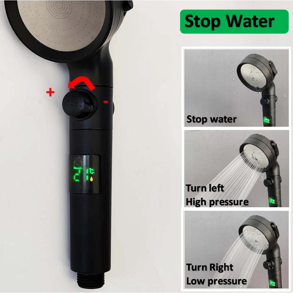 Temperature Digital Display Pressurized Showerhead Black 3 Modes High Pressure Water Saving Rainfall Filter Bathroom Shower Head