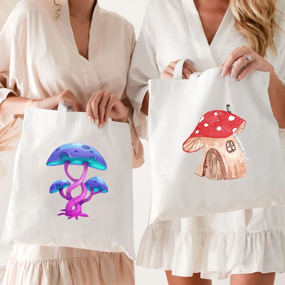 

Shopping Bags Women Canvas Shoulder Bag Reusable Ladies Mushroom Printing Handbags Casual Tote Grocery Storage Bag for Girls