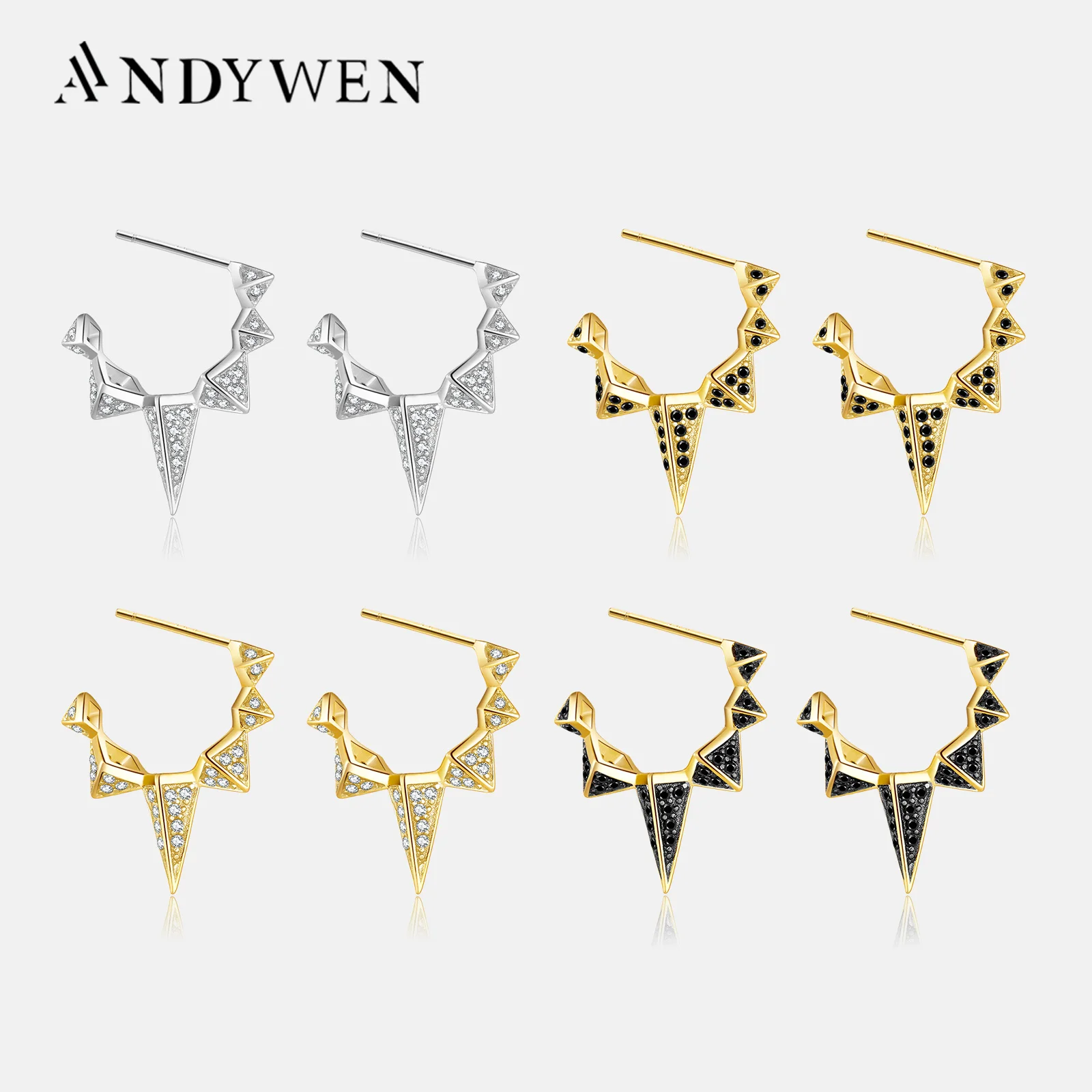 Andywen 100% 925 Sterling Silver Black Enamel Black Zircon Long Spike Hoops Piercing Ohrringe Pendant Women Luxury CZ Jewelry