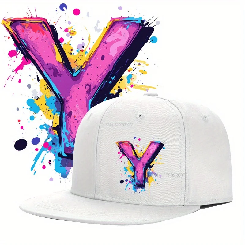 2D Flat - A Vibrant Multi-Colored Letter Y Graffiti Design for Spring And Summer, This Outdoor Fashion Casual Flat Brim Baseball