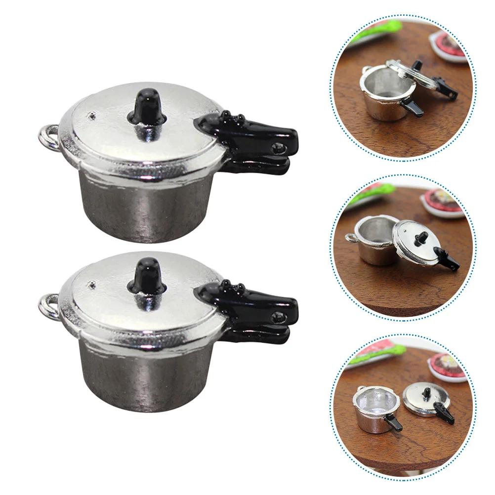 2 PCS Mini Pressure Cooker Model Zinc Alloy Kitchen Toy Lifelike Mini House Scene Decor Holiday Gift Child Toys