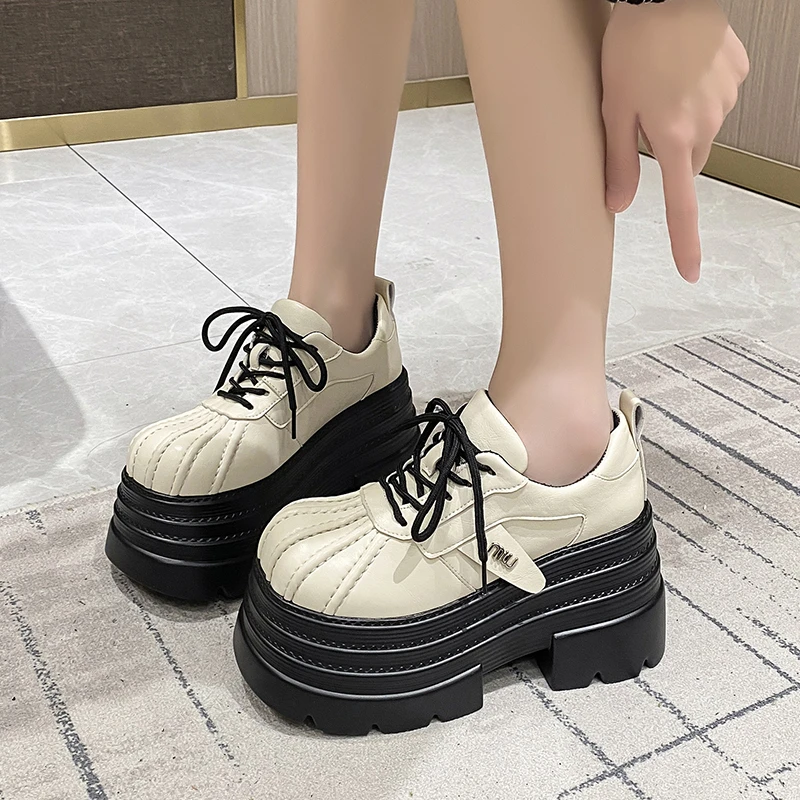 New 2025 Spring Women\'s Leather Sneakers High Platform Lace-up Casual Shoes Thick Sole 10CM Heels Walking Shoes Zapatos Mujer