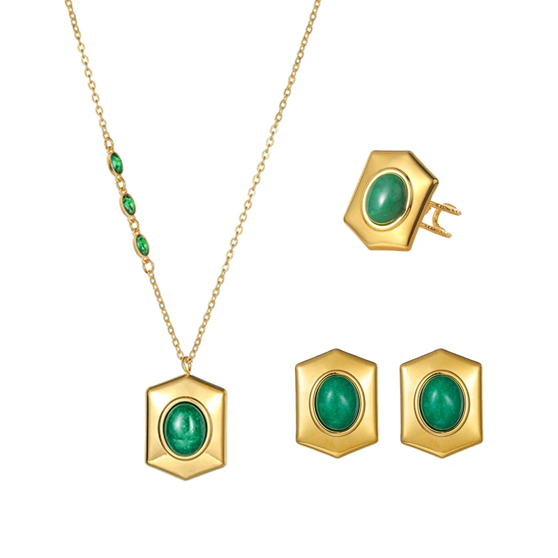 Nextvance Retro Ethnic Earring Ring Necklace Natural Green Stone For Women Stainless Steel Gold Color Geometric Jewelry Set Gift