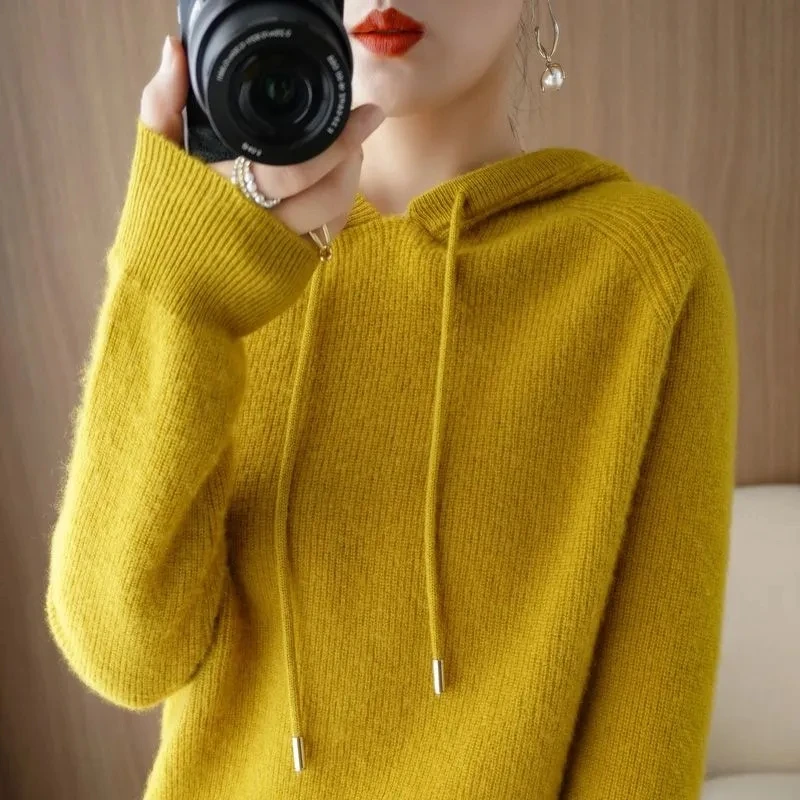 2025年秋冬新作 プルオーバーセーター レディースファッション ミドル丈 フード付き スリムニットコート 女性用カジュアルオーバーコート レディーストップス