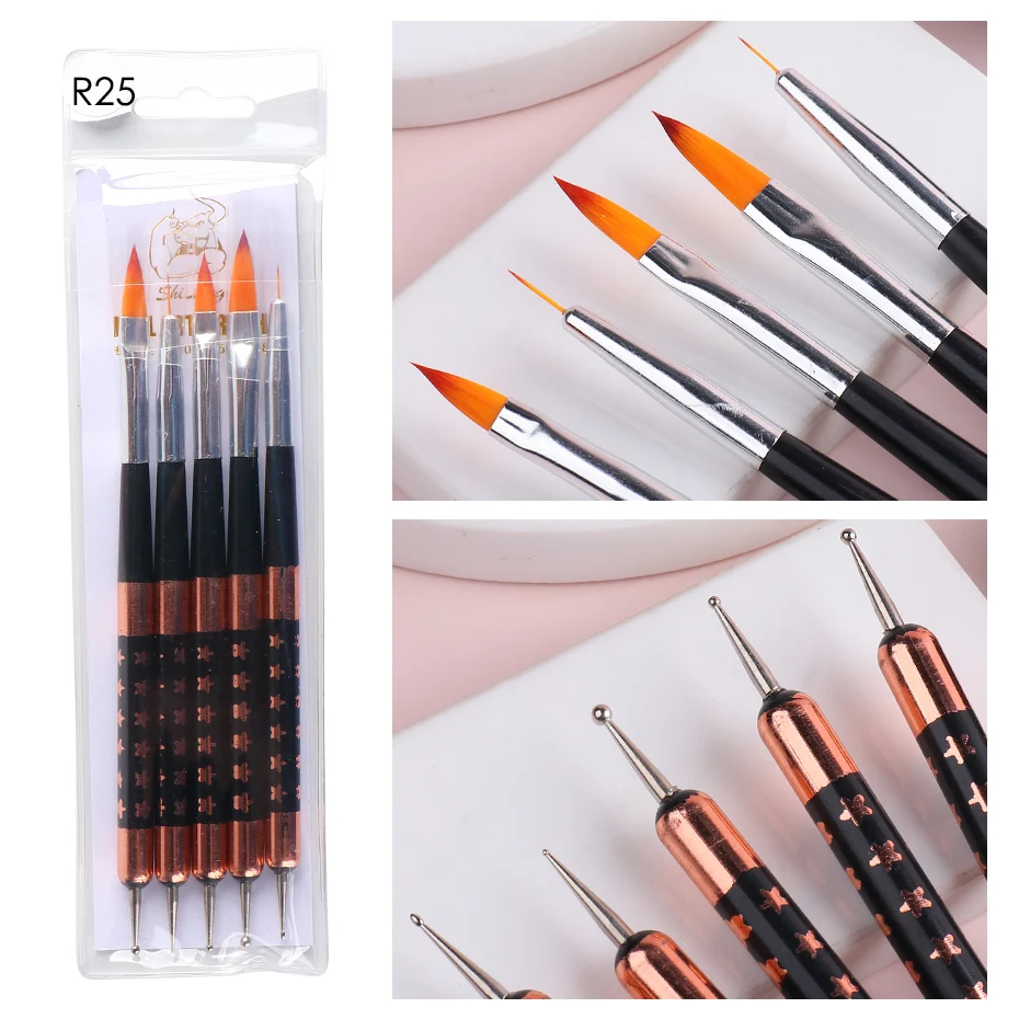 ダブルヘッド付きネイルブラシセット,5個のマニキュア用ブラシのセット,コーティングされたパッド付きのプロの液体アクリルパウダーシェービングツール