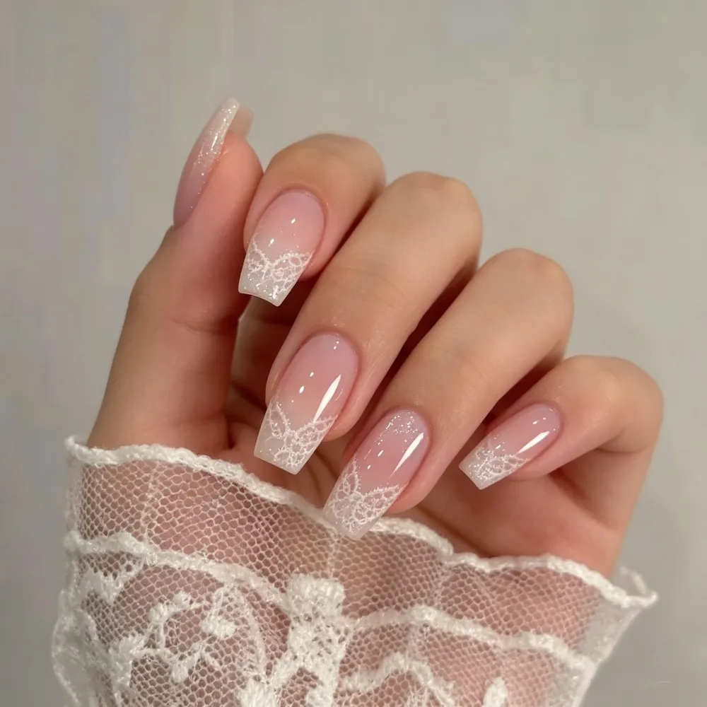 24pcs Gradient Fake Nails French Ballerina Nail Waterproof Faux Medium Coffin False Nails Fingernails Press on Nails Tips view 6