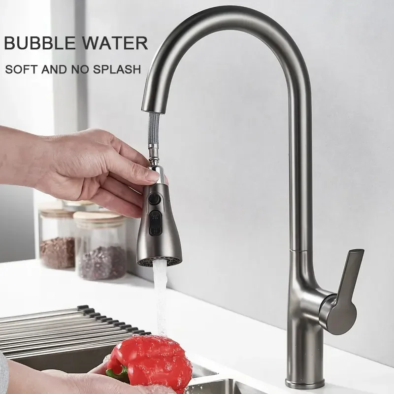 Three Outlet Mode Kitchen Faucets Brushed Nickel Kitchen Sinks Single Handle Pull Out Mixer Hot and Cold Water 360 Rotation Grey