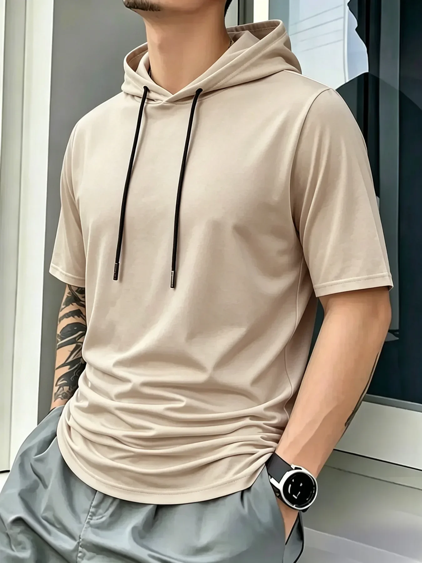 Herren-T-Shirt mit kurzen Ärmeln und Kapuze, atmungsaktiv, schnell trocknend, Anti-Pilling-Kapuze mit Kordelzug, lässiger Slim-Fit-Streetwear-Sportpullover – Detail 12