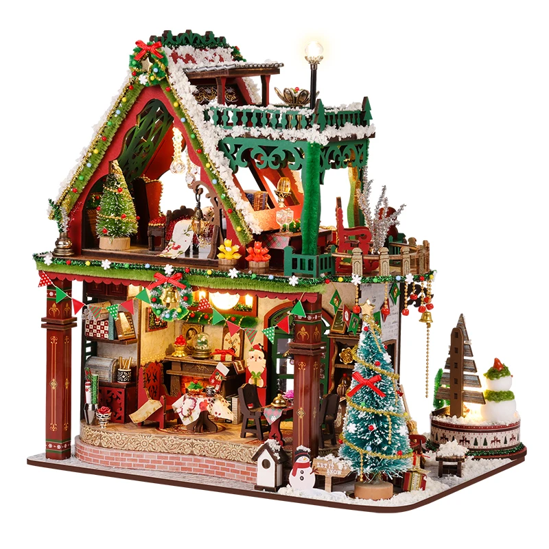 DIY Wooden Snowy Christmas Lodge Cottage Book Nook Figurines Miniatures Kits for Friends Birthday Gifts Home Decor Crafts