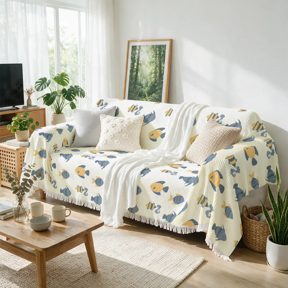 Cozy Fish Print Sofa Throw Blanket for Couch Living Room Home Decor Nautical Coastal Knit Decorative Throw Cover Bedding Accesso
