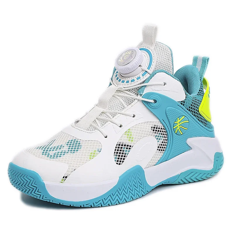 New Style Children Basketball Shoes Rotating Button Design Kids Boys High Top Sports Shoes Non-slip Outdoor Training Sneakers