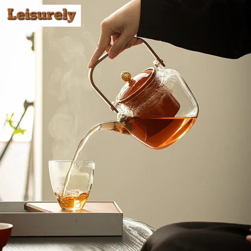 1180ml Tea Pot With Bamboo Handle Chinese Heat-resistant Glass Teapot Transparent Steaming Tea Infusions Glass Kettle Tea Set